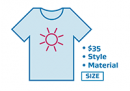 Sketch of a t-shirt with a sun on it lists price, style, material and size