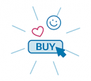 Sketch of a mouse pointer clicking a buy button. a smiley face and heart