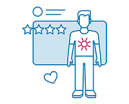 Sketch of a person wearing a t-shirt standing next to 5 stars